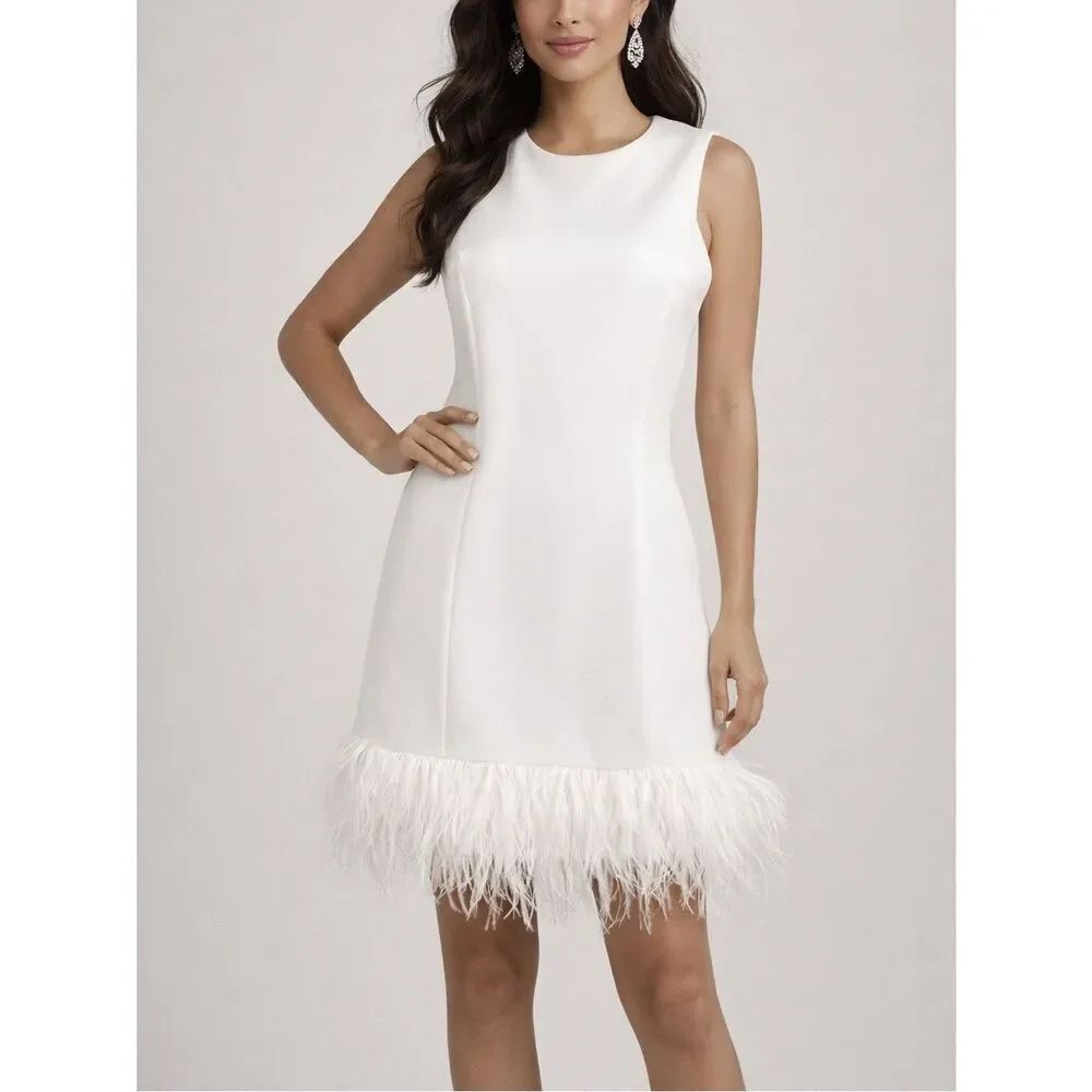 Donna Ricco New York White Sleeveless Mini Dress with Feather Hem